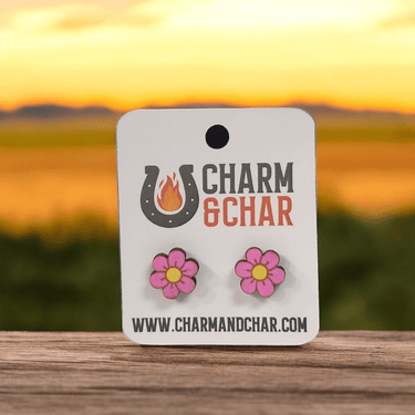 Pink Flower Wood Stud Earrings - Stud Earring - Charm and Char